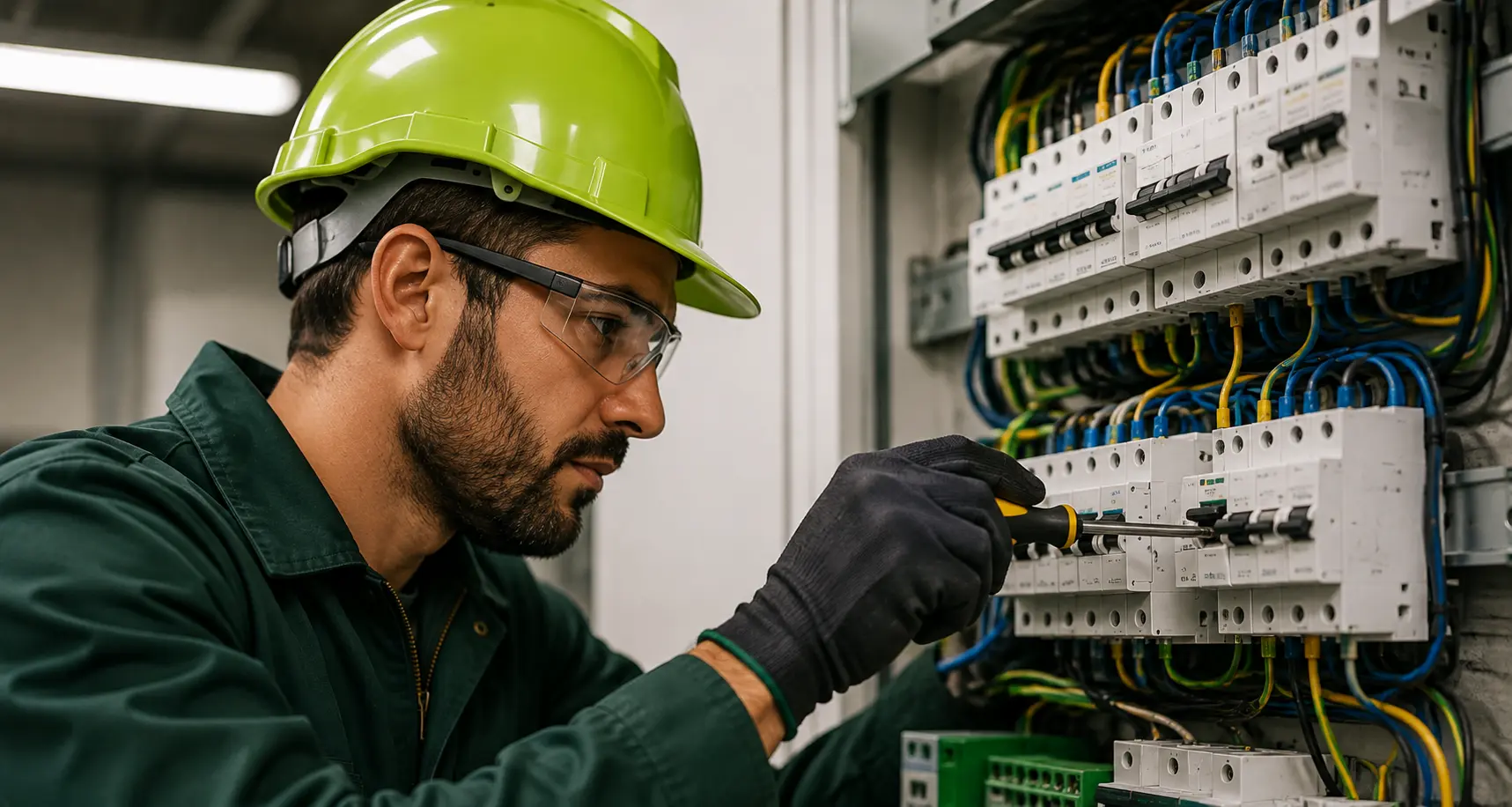 Elettricista al lavoro su un quadro elettrico a Monza